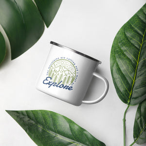 The Mountains Are Calling and I Must Go Explore Enamel Camping Mug 12 oz